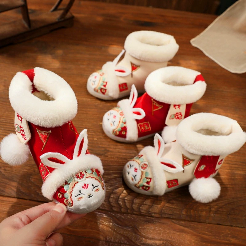 Одежда Han, обувь для девочек, зима, новые утолщенные хлопчатобумажные сапоги на флисовой подкладке, Детская Тканевая обувь с вышивкой в китайском стиле, обувь на год кролика