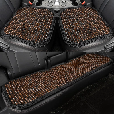 Car Seat Cushion, Summer Ventilation Seat: Seat cushion, seat cover - hand-crocheted-black-three-piece-set-premium-natural-bodhi-seed-beads