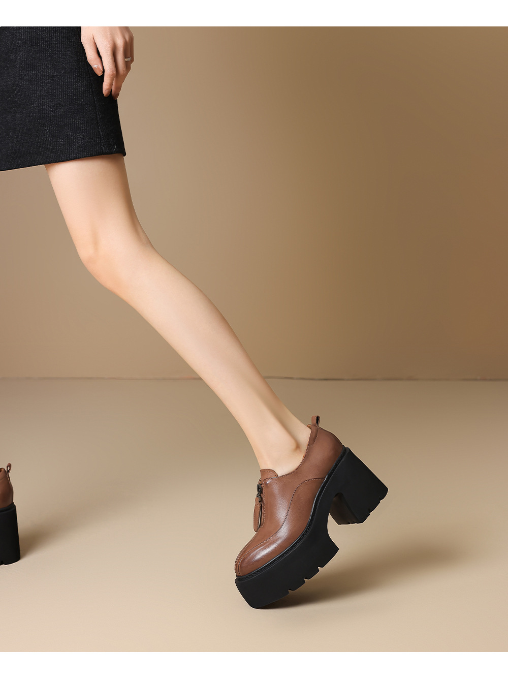 Giày loafer nữ đế xuồng da thật gót vuông phong cách Anh quốc — màu nâu chi tiết 3