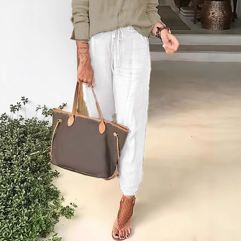 White Jogger Pants Cotton Linen Casual Cross-Border E-Commerce Amazon Cotton Linen Solid Color Pocket Drawstring Jogger Pants