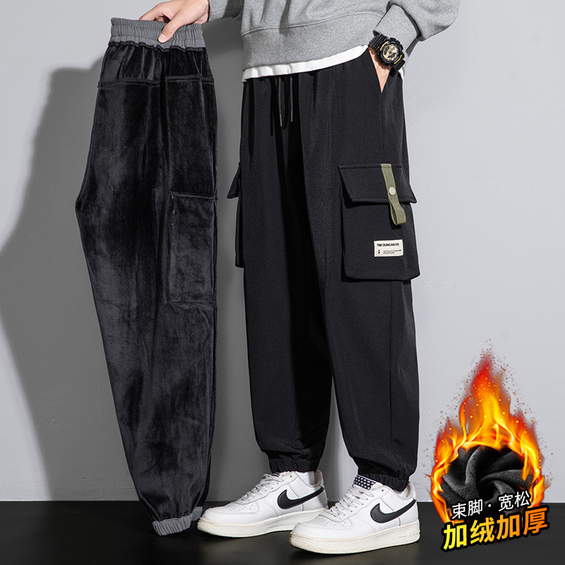 plus size Tooling Pants Men's Autumn and Winter fleece-lined Thickened Trendy Brand Loose Multi-Pocket Casual Leg Trousers