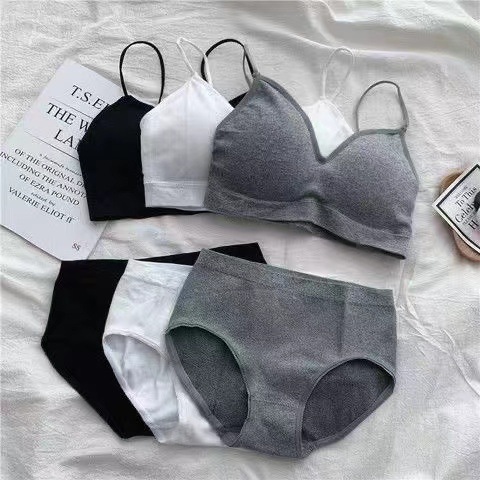 Solid Color Girls Bra Set Korean Style No Wire Wrap Chest Student Underwear Set Thin Push-up Pure Desire Underwear