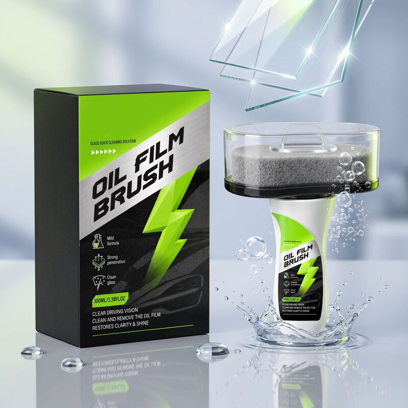 Car glass oil film cleaning brush with matching handle, for removing oil film and providing clear, polished window care Car glass oil film cleaning brush with matching handle, for removing oil film and providing clear, polished window care