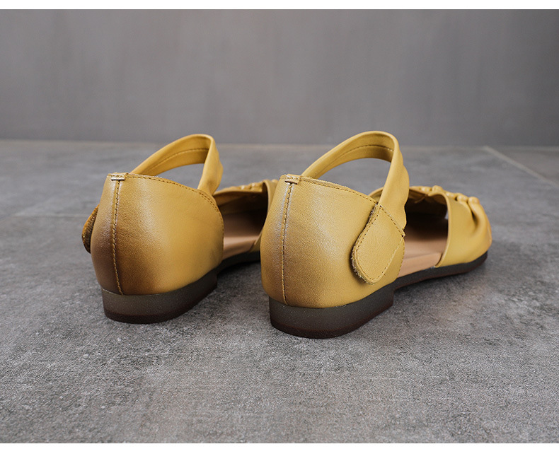 Sandal nữ da bò thật phong cách cổ điển, đế bệt thủ công, mũi nhăn — màu be chi tiết 12