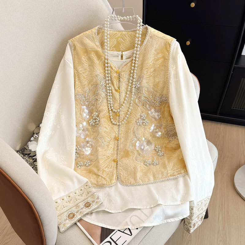 New Chinese Style National Style Shirt and Vest Layered Two-Piece Set with Heavy Embroidery Waistcoat and Sleeveless Vest for Women in Autumn