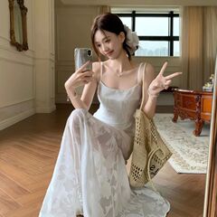 海边度假风绿色吊带连衣裙女夏季气质网纱拼接收腰显瘦a字裙长裙