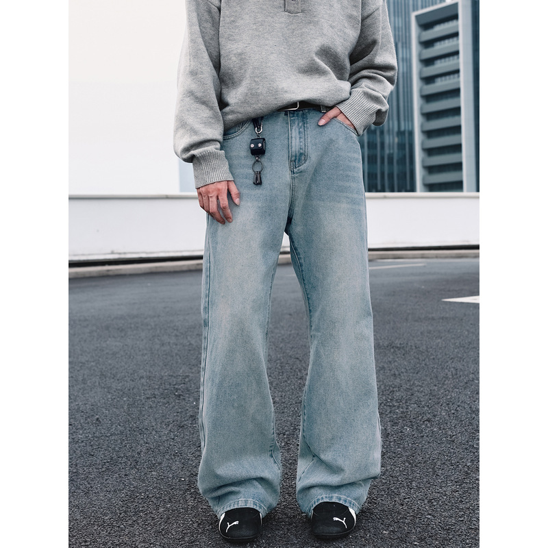 Distressed Washed American-Style Flared Jeans for Men, New Vintage Loose Long Pants, High Street Trendy Brand Bell-Bottom Pants
