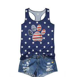 外贸货源亚马逊自建站欧美服装独立日国旗印花Y字型U领背心