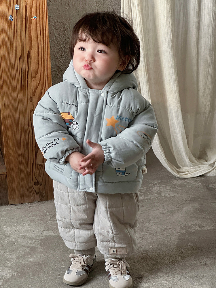 Ropa para niños coreanos dibujos animados de invierno ropa de salida cómoda y cálida ropa de algodón con capucha para niños image 2
