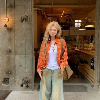 美式复古橙色格纹长袖衬衫女春秋小众设计感宽松休闲防晒情侣外套
