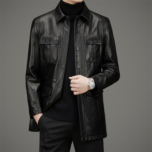 DLSN22135 Haining Leather coat men's cowhide trench coat Korean slim fit business men's clothing