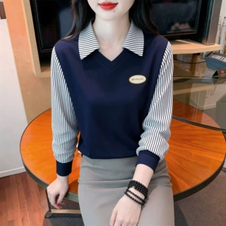 假两件Polo领上衣时尚宽松卫衣女2026春秋衣长袖条纹拼接打底小衫