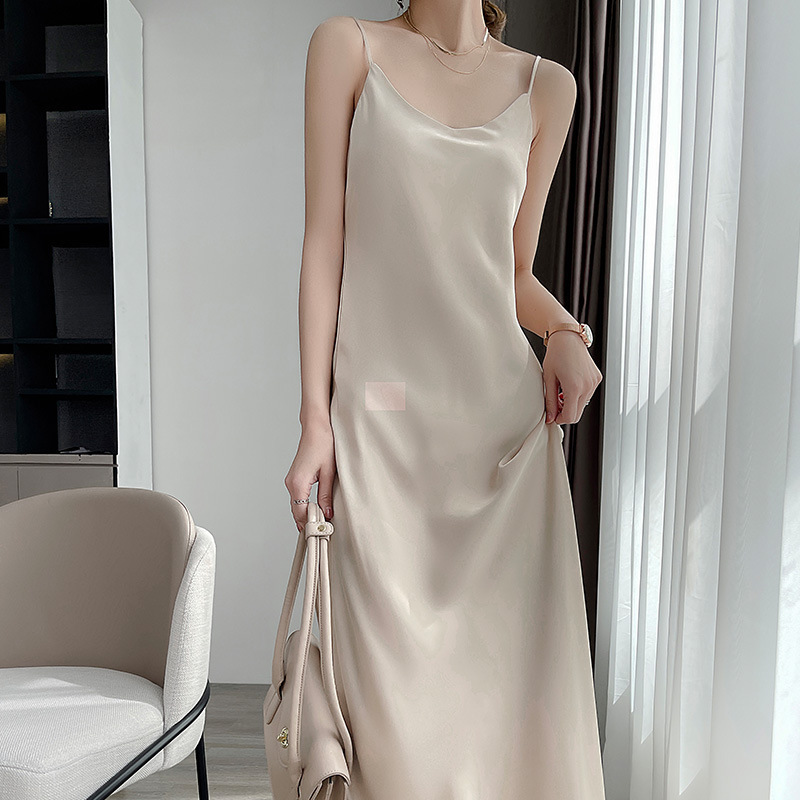 Pair It with a Small Blazer and a Suspender Dress for Women to Look Slim and Flattering, with a Waist-Cinching Acetate Satin Silk Summer Long Dress