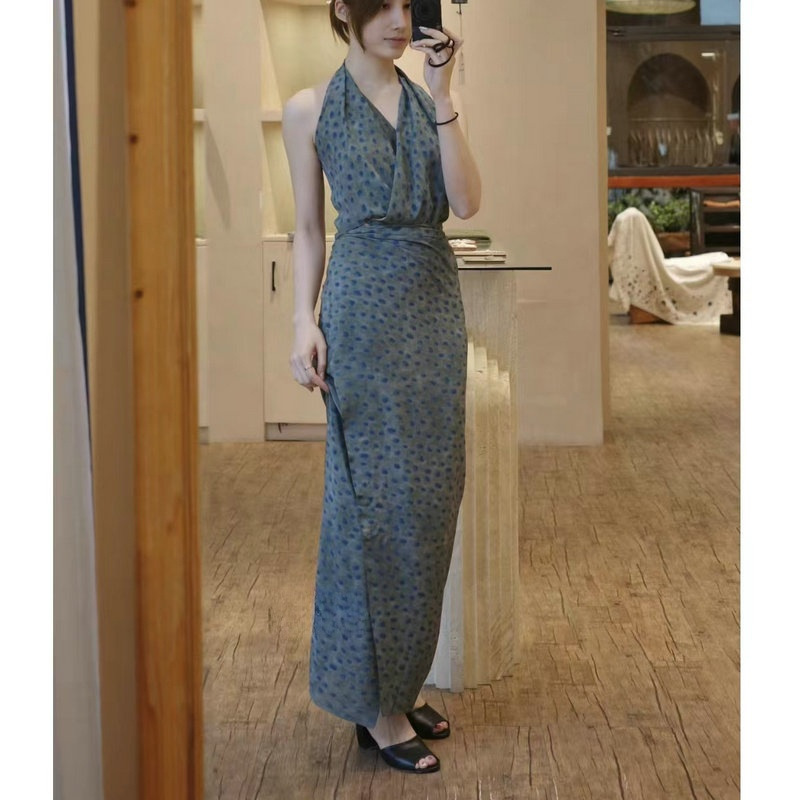 Beautiful Neck dress ~ Blue Spotted Printed Silk Skirt Women's Neck Open Back Wrap Lace-Up Long Skirt for Women
