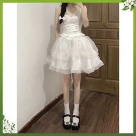 女裙夏季芭蕾穿搭设计感系带收腰套装裙女装白色网纱蓬蓬裙两件。