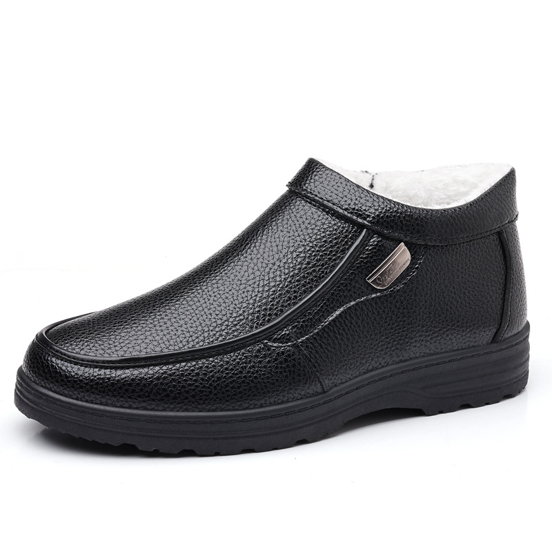 Zapatos casuales de cuero para hombre con forro polar cálido para invierno 2024, con suela suave, con cremallera, botas de algodón sin cordones, zapatos de algodón de caña alta para personas de mediana edad y mayores