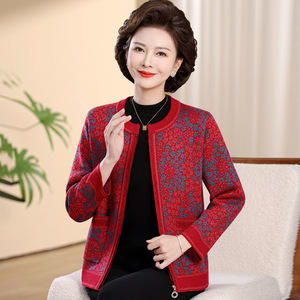 中老年女秋冬款妈妈混纺针织衫拉链开衫加厚上衣奶奶装毛衫外套女，女装针织衫/毛衣，妃慕昵服饰