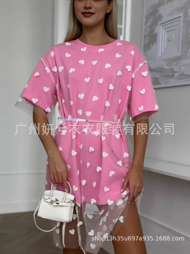 2025新款跨境欧美风性感女装长款爱心网纱拼接宽松短袖T恤连衣裙