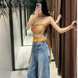 美式复古辣妹抹胸上衣夏季法式飘带围脖抹胸褶皱紧身网纱扎染背心