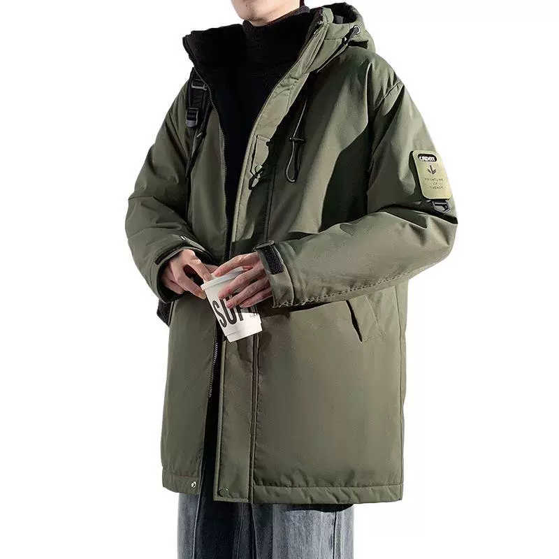 Long winter warm hoody, coat, down jacket with down, mid-length