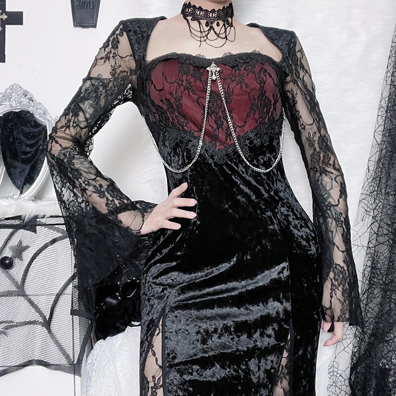 Cf22166 Subculture Gothic Velvet Patchwork Lace Long-Sleeved Slim Fit Slit Asymmetrical Suspender Dress for Women Cf22166 Subculture Gothic Velvet Patchwork Lace Long-Sleeved Slim Fit Slit Asymmetrical Suspender Dress for Women