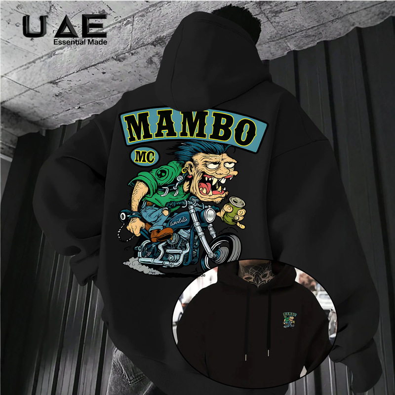 Retro Motorcycle Monster Cartoon Print Front and Back Hooded Sweatshirt for Men, Loose Fit American Street Style Pullover Hoodie Retro Motorcycle Monster Cartoon Print Front and Back Hooded Sweatshirt for Men, Loose Fit American Street Style Pullover Hoodie