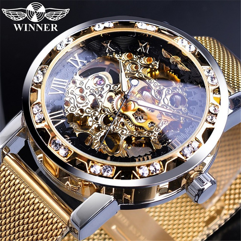 Men's Skeleton Mechanical Watch With Rhinestone Mesh Strap_voghion.com