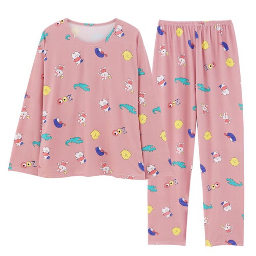 Women's Long-Sleeve and Long-Pants Cute Cartoon Sleepwear Set for Spring and Autumn