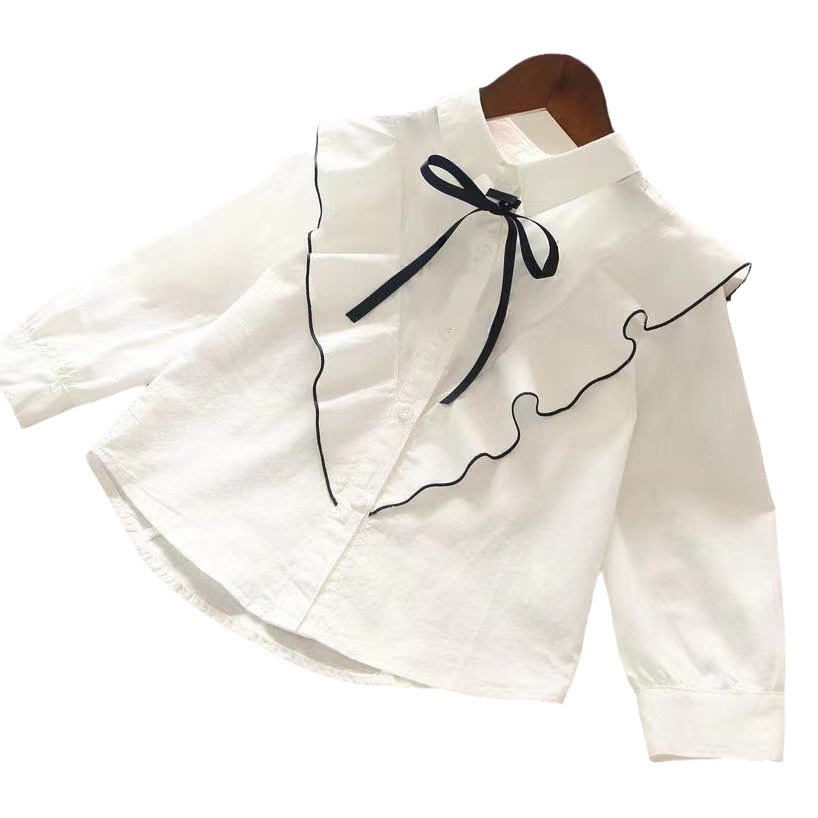 Primavera 2024 nuevas niñas medio y grande de los niños transpirable princesa manga larga con volantes solapa camisa blanca moda