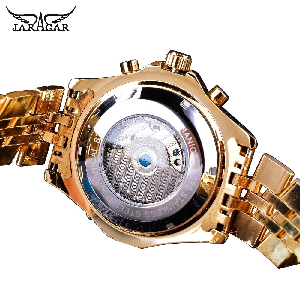 Jaragar Calendário Semana 24 Horas Exibição Relógio Turbilhão Masculino Ouro Banda de Aço Inoxidável Relógio Mecânico_voghion.com