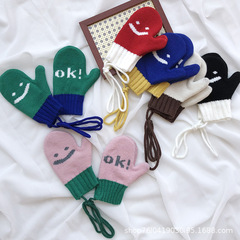 Original Korean Version Color Block Smile Knitted Neck Gaiter Winter Warm Gloves for Boys and Girls