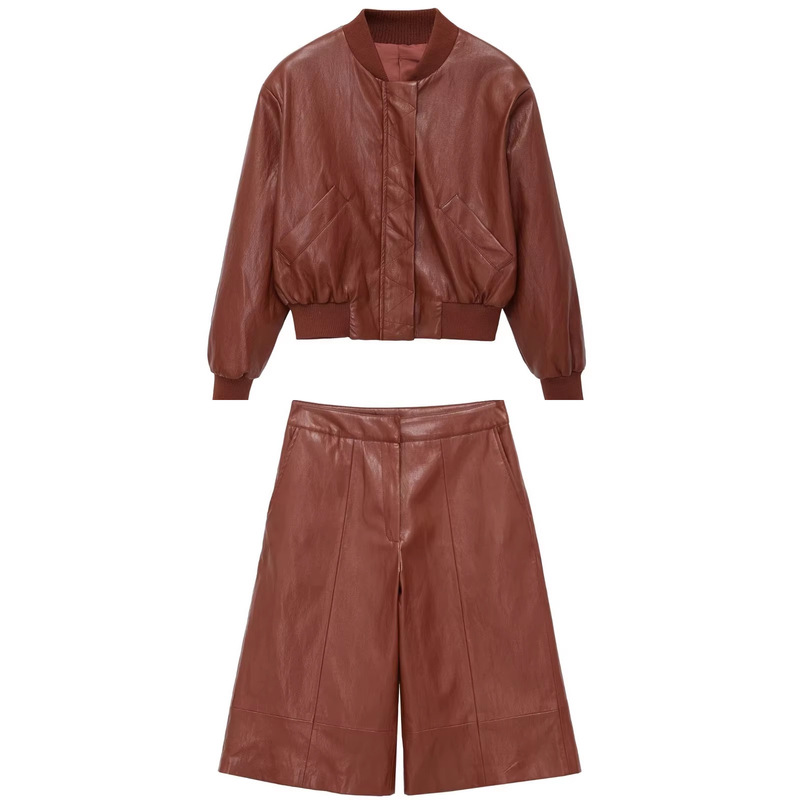 Cross-border women's clothing 2026 European and American fashion loose-fitting zippered leather jacket + shorts set for women F71242/49