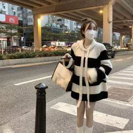 (不起球）条纹针织针织衫连帽毛衣秋冬新款韩系宽松慵懒fufu上衣