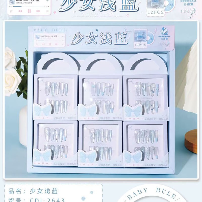 Cute Cat-Eye Wearable Nails for Girls, Bowknot Long Nail Tips, Blue with White Accents, KT Rhinestones, Sweet Manicure Stickers Cute Cat-Eye Wearable Nails for Girls, Bowknot Long Nail Tips, Blue with White Accents, KT Rhinestones, Sweet Manicure Stickers