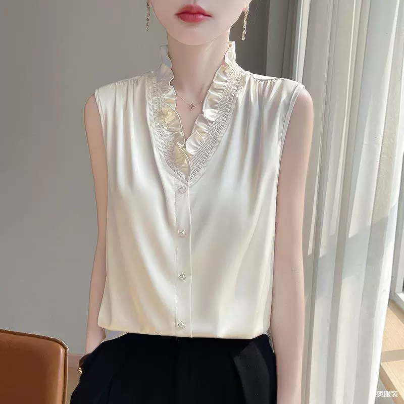 Весной и летом новый французский деревянный гриф без рукавов рубашка женская сплошная V-образная шелковистая шелковистая нижняя рубашка