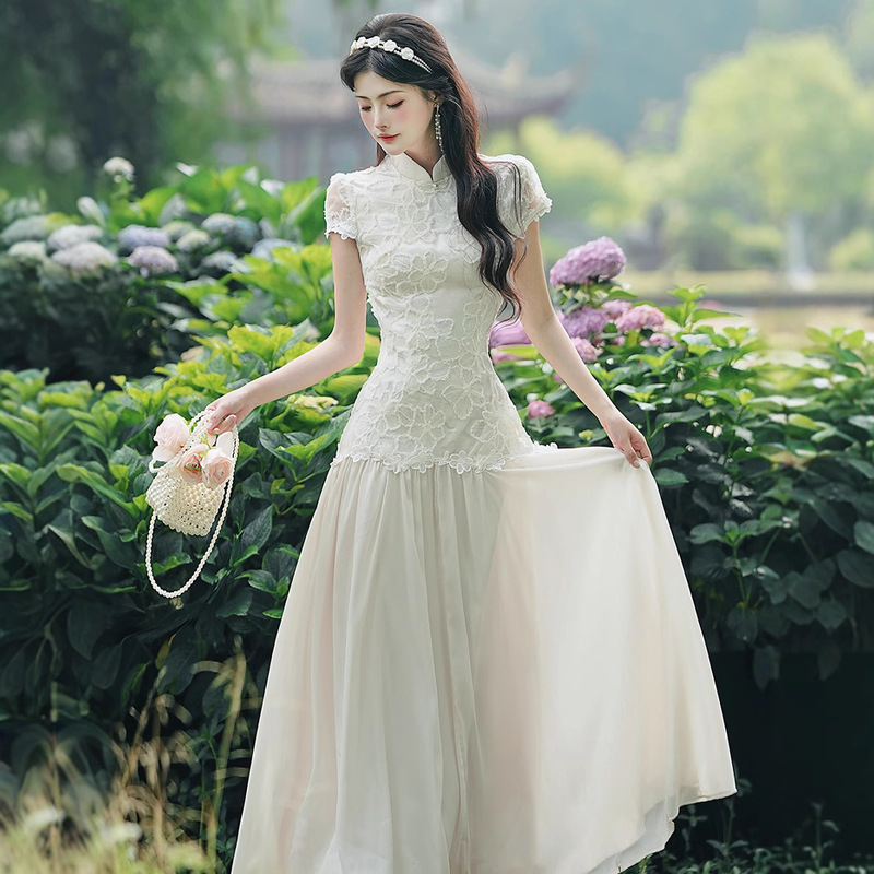 Fairy Skirt with Super Fairy Elegant 2025 New Improved Cheongsam Skirt Lace Skirt White Dress Women's Summer New Chinese Style Fairy Skirt with Super Fairy Elegant 2025 New Improved Cheongsam Skirt Lace Skirt White Dress Women's Summer New Chinese Style