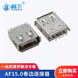 AF15.0mm高度4脚180度立式直插LCP 耐温USB2.0焊线式卷边连接器