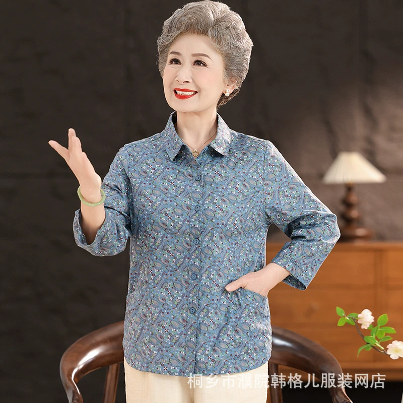 Бабушка летняя рубашка хлопчатобумажная топ пожилая мама летняя свободная рубашка с рукавами Старушка одежда