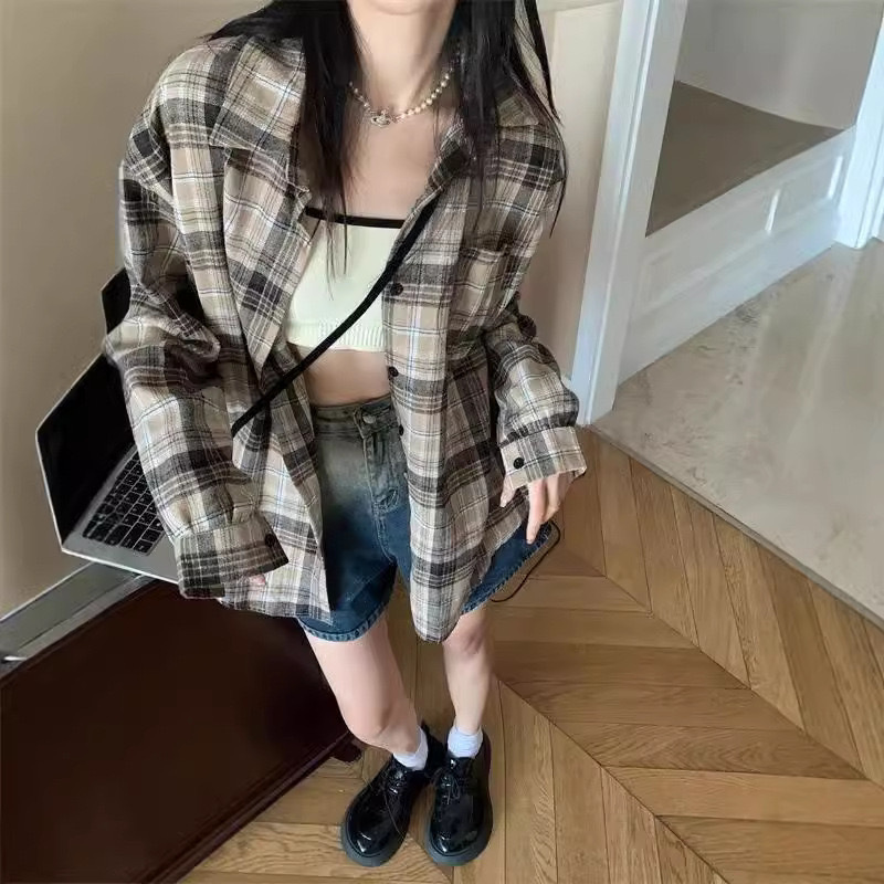 ピンクチェック柄日焼け止めシャツジャケット女性のための夏 2025 新しいルーズアメリカントップデザインレトロシャツ|undefined