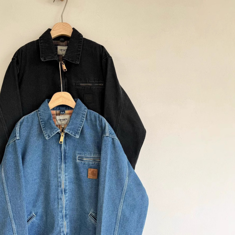 Car Card Shell Stone Washed Distressed Detroit Denim Jacket Denim Lining Plaid Lining for Men and Women