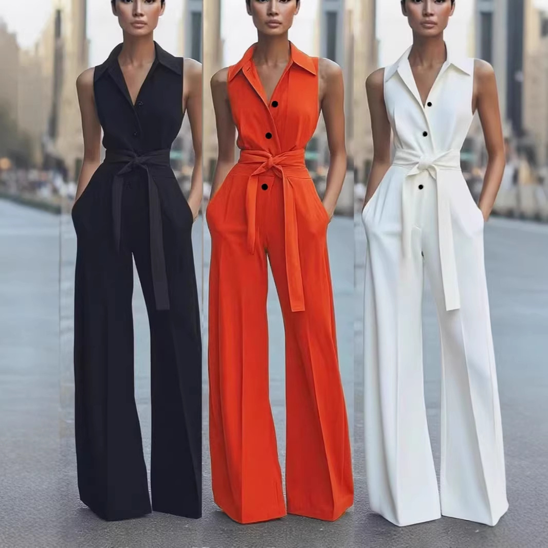 2025 Amazon European and American Foreign Trade Women's Fashion Shirt Collar Solid Color Wide-Leg European and American Commuter Office Jumpsuit