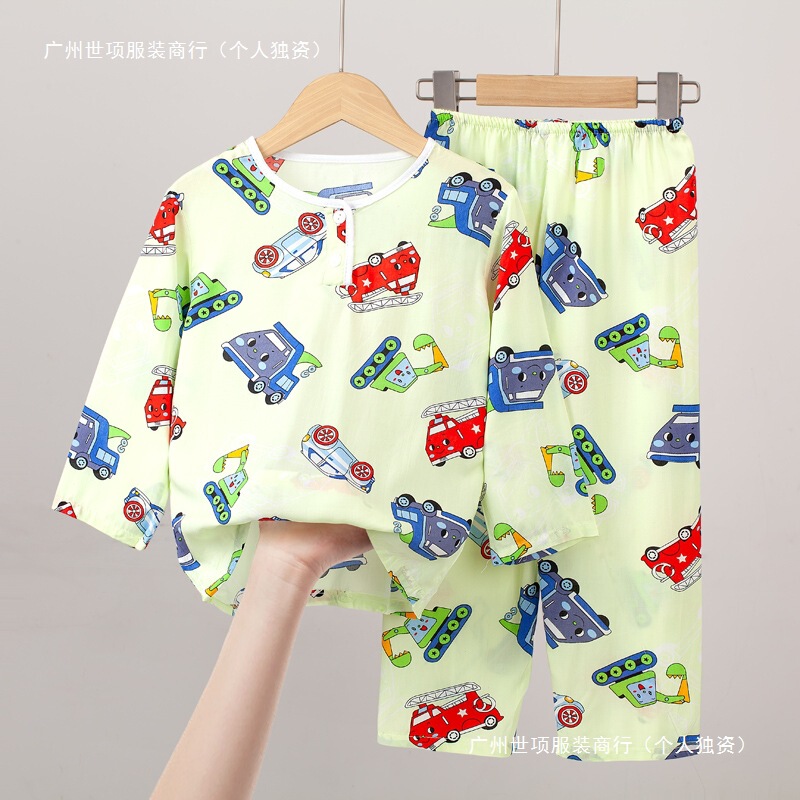 Summer Cotton Silk Children's Pajamas Boy's Long Sleeve Thin Girl's Baby Cotton Silk Girl's Cartoon Home Clothes
