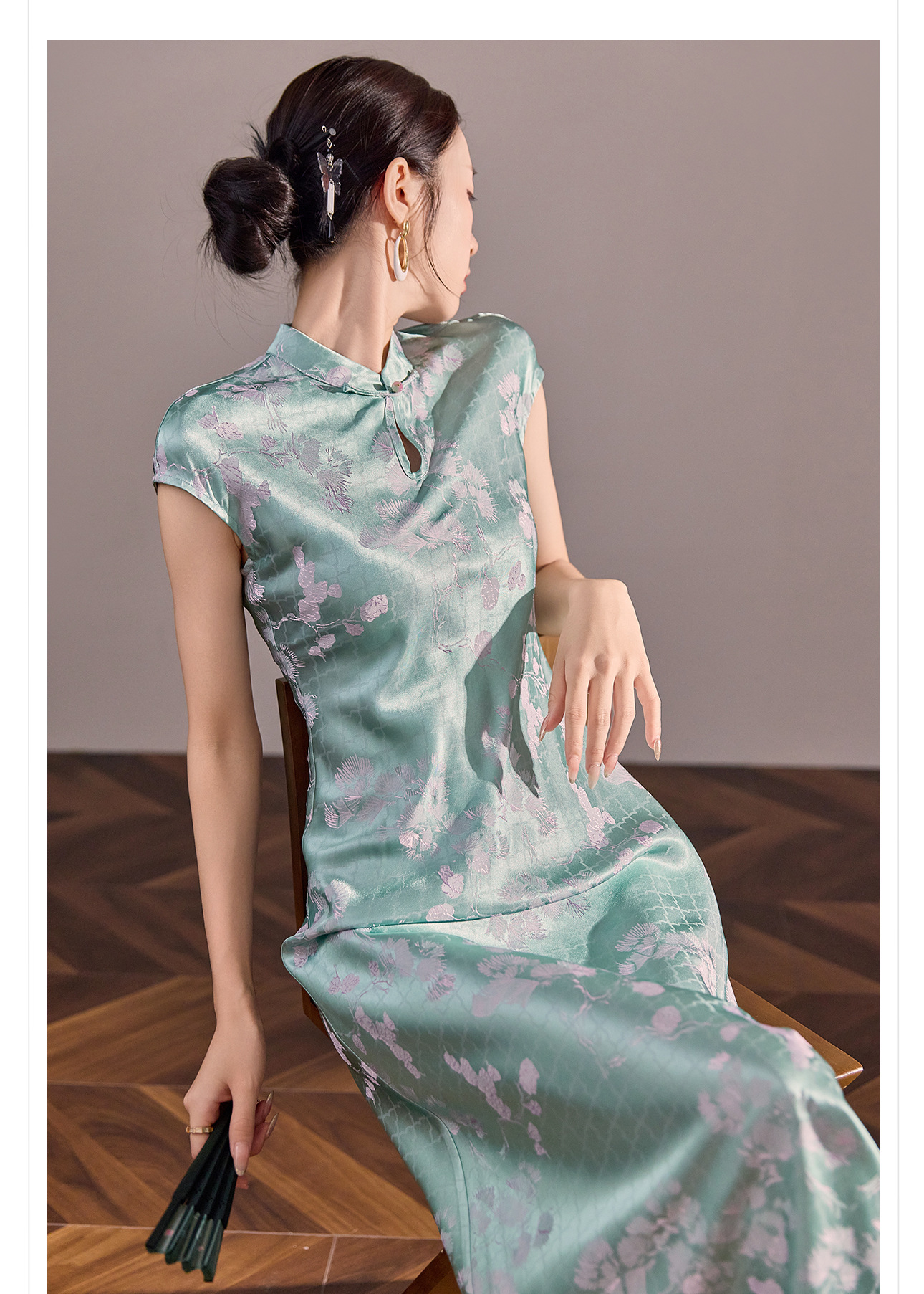 Váy suông midi không tay thêu họa tiết quốc phong cải tiến mùa hè — vàng, màu xanh bạc hà, Bột quế chi tiết 2