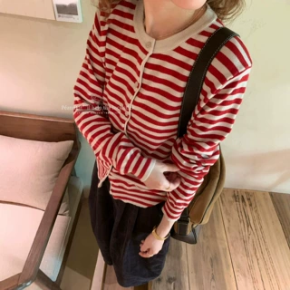 peanut花生家韩系复古条纹针织开衫外套女2026秋季新款休闲衣服