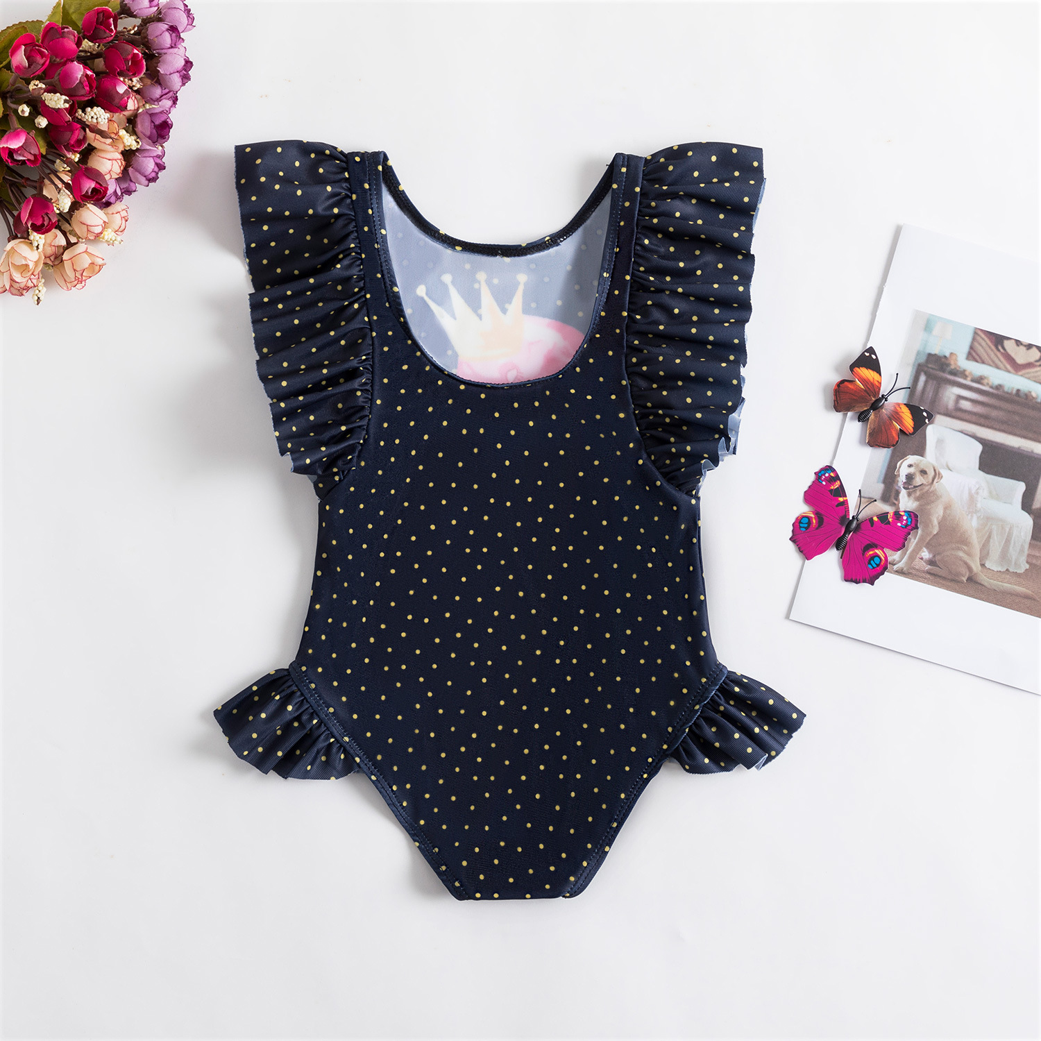 2023 nuevo traje de baño para niñas estilo coreano manga voladora flamenco traje de baño de lunares de una pieza ins bikini para niños