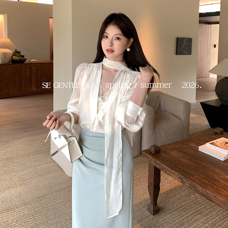Xiu Xixi 2026 Spring White Label Korean Style Lace V-Neck Ribbon Tencel Chiffon Long Sleeve Shirt Women's Top 89661