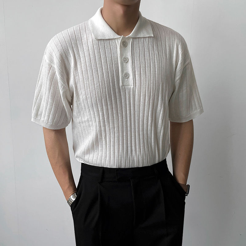 [Big Sale] Short-Sleeved Knitted Polo Shirt Men's Summer Thin Korean Style Loose Stripesd Half-Sleeved Lapel Knitwear