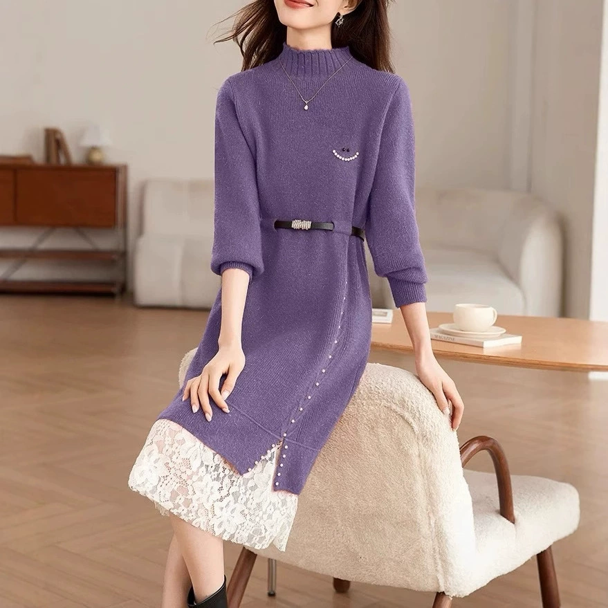Женское трикотажное платье-свитер с полугольфом, осень-зима 2025, новый стиль, кружевная отделка подола, средней длины
