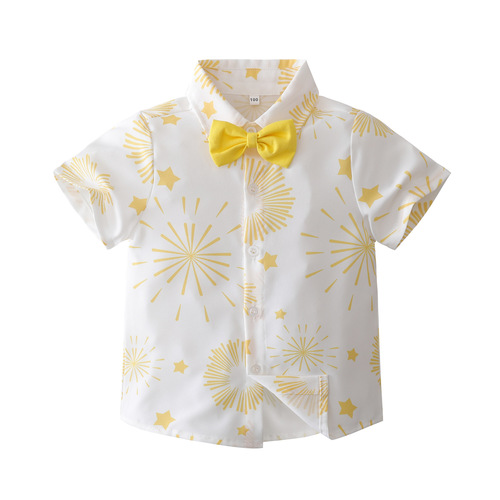 Children's Summer Set Baby Two-Piece Set Boys' Short-Sleeve Printed Shirt Bow Tie Belt Pants Gentleman's Children's Clothing