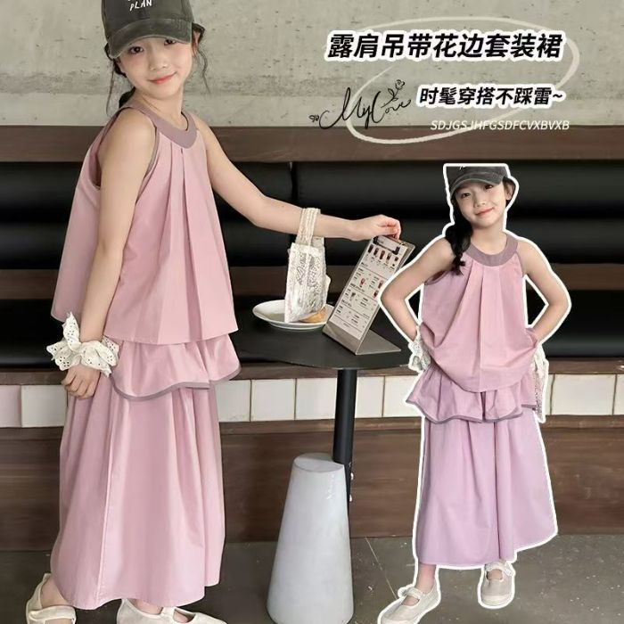 Traje para niñas Primavera y verano 2025 nuevo estilo estilo occidental chaleco sin mangas para niños pantalones anchos traje de dos piezas vestido de verano para niños de mediana edad